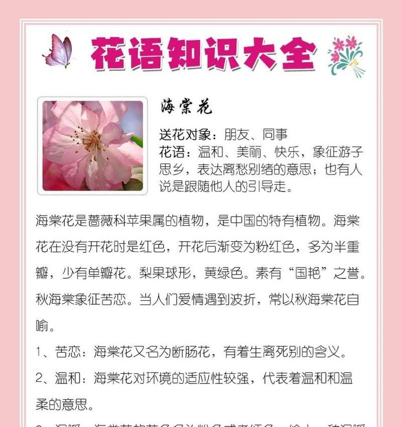 海棠花的花语——寄托爱与美的象征（深情厚意之花）